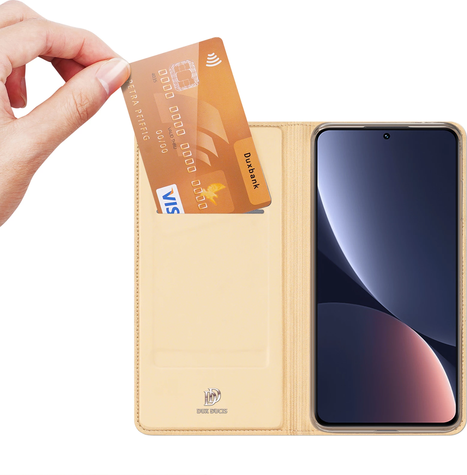 Ovitek za telefon z pokrovom, žepom za kartico in funkcijo stojala, zlati — Dux Ducis Skin Pro za Xiaomi 13