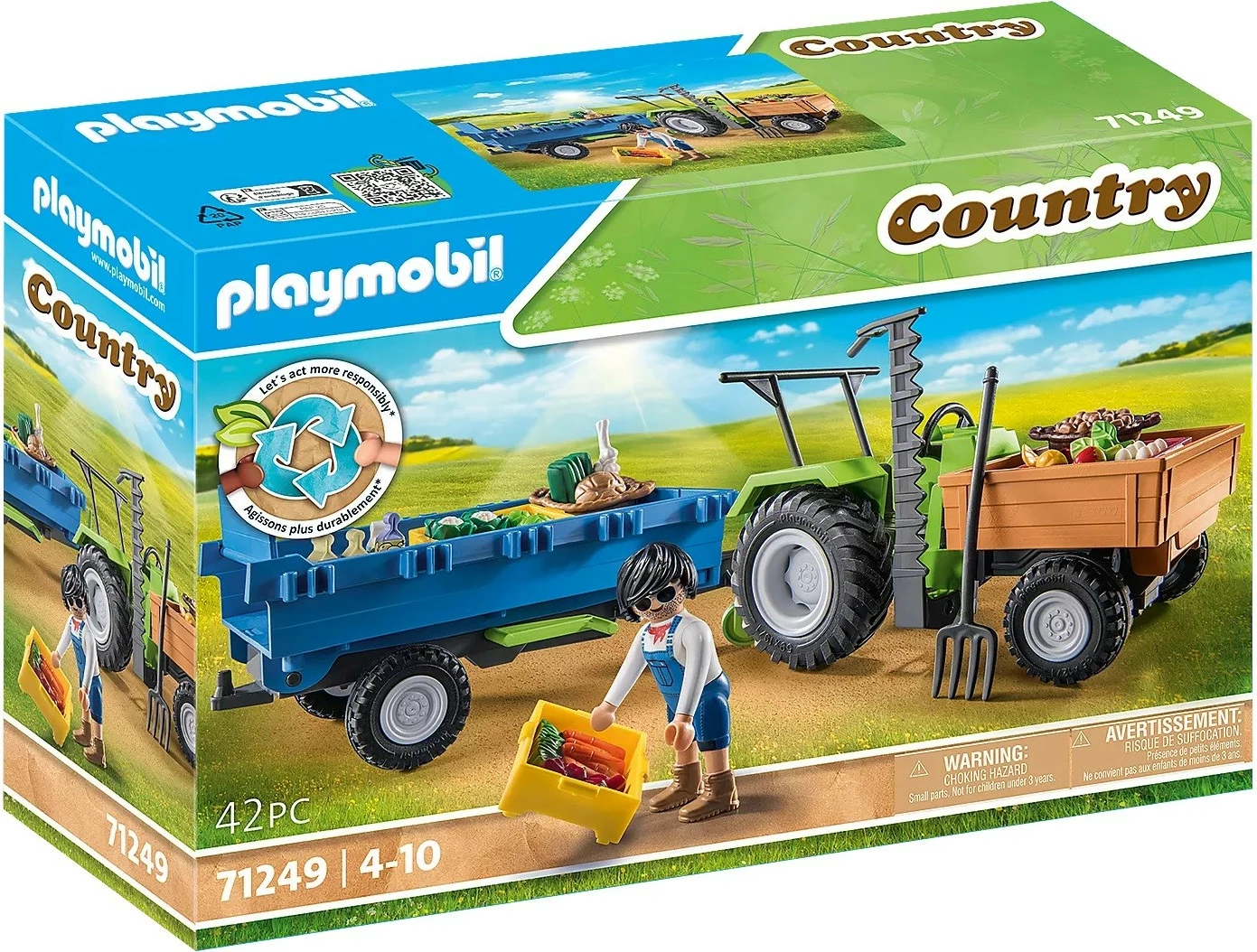 Kmečki igralni set Playmobil Country 71249, traktor z veliko prikolico in dodatki, 42 delov
