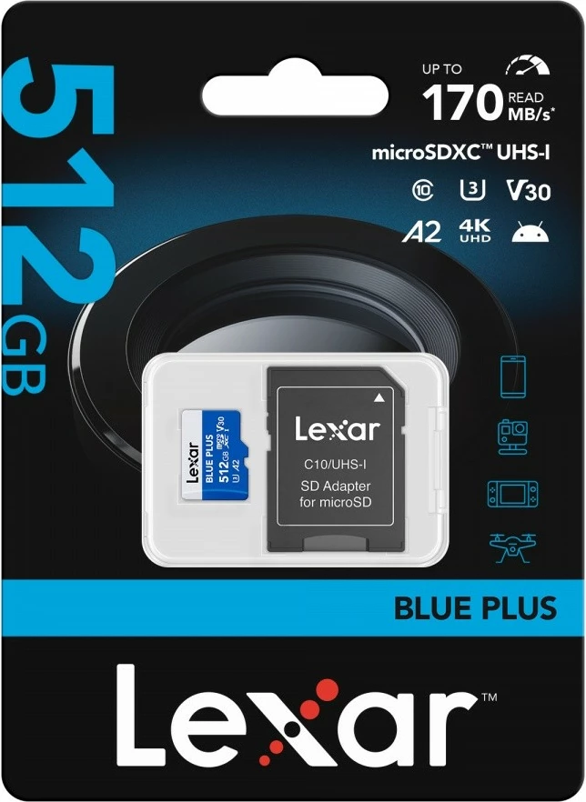 Pomnilniška kartica microSD Lexar Blue Plus (LMSBLPL512G-BNANG), 512 GB, UHS-I C10 A2 U3 V30, 170 MB/s, z SD adapterjem, modra