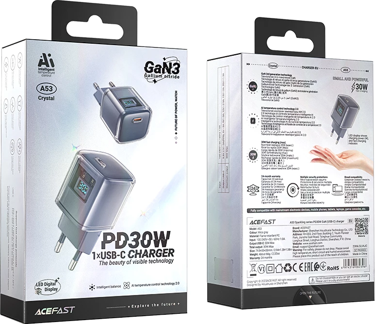 Zidni polnilnik 30W USB-C z LED zaslonom Acefast A53, siv