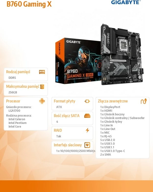 Matična plošča Gigabyte B760 GAMING X GEN5, ATX, Socket LGA1700, DDR5, PCIe 5.0, črna