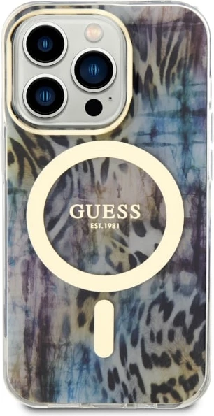 Zaščitni ovitek z leopardskim vzorcem MagSafe za iPhone 14 Pro 6,1", Guess, modra