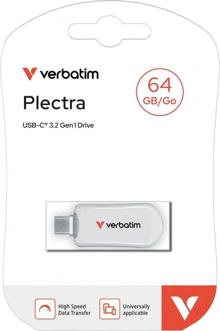 USB-C ključek 64 GB, Verbatim Plectra, USB 3.2 Gen 1, branje 100 MB/s, bel