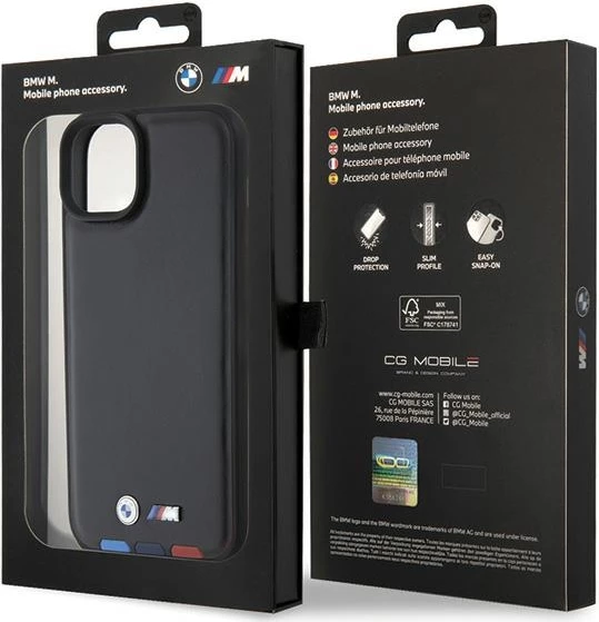 Ovitek za telefon iPhone 15 Plus 6,7", usnjen Leather Stamp Tricolor, BMW BMHCP15M22PTDK, črn