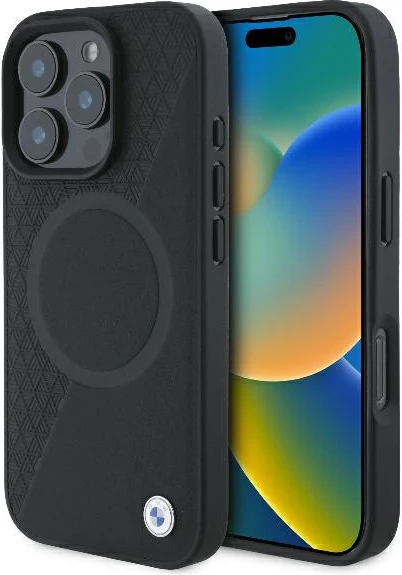 Ovitek iz usnja, delno teksturiran z magnetnim obročem MagSafe, BMW Signature za iPhone 16 Pro, črn