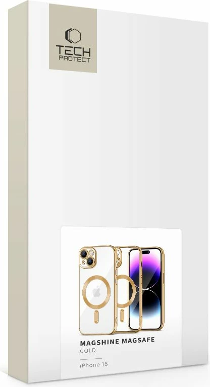 Prozoren ovitek za iPhone 15 Tech-Protect MagShine Line, prozoren/ zlata