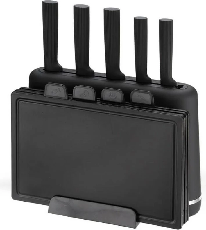 Komplet nožev z magnetnim držalom in deskami za rezanje, Feel-Maestro MR-1412-BLACK, 10-delni, magnetni blok + podstavek za deske, primeren za pomivalni stroj, črn