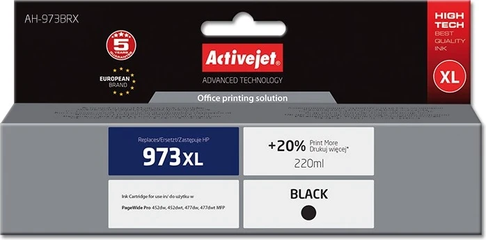 Zamenjalna črnila Activejet AH-973BRX za HP 973XL L0S07AE, 220 ml, črno
