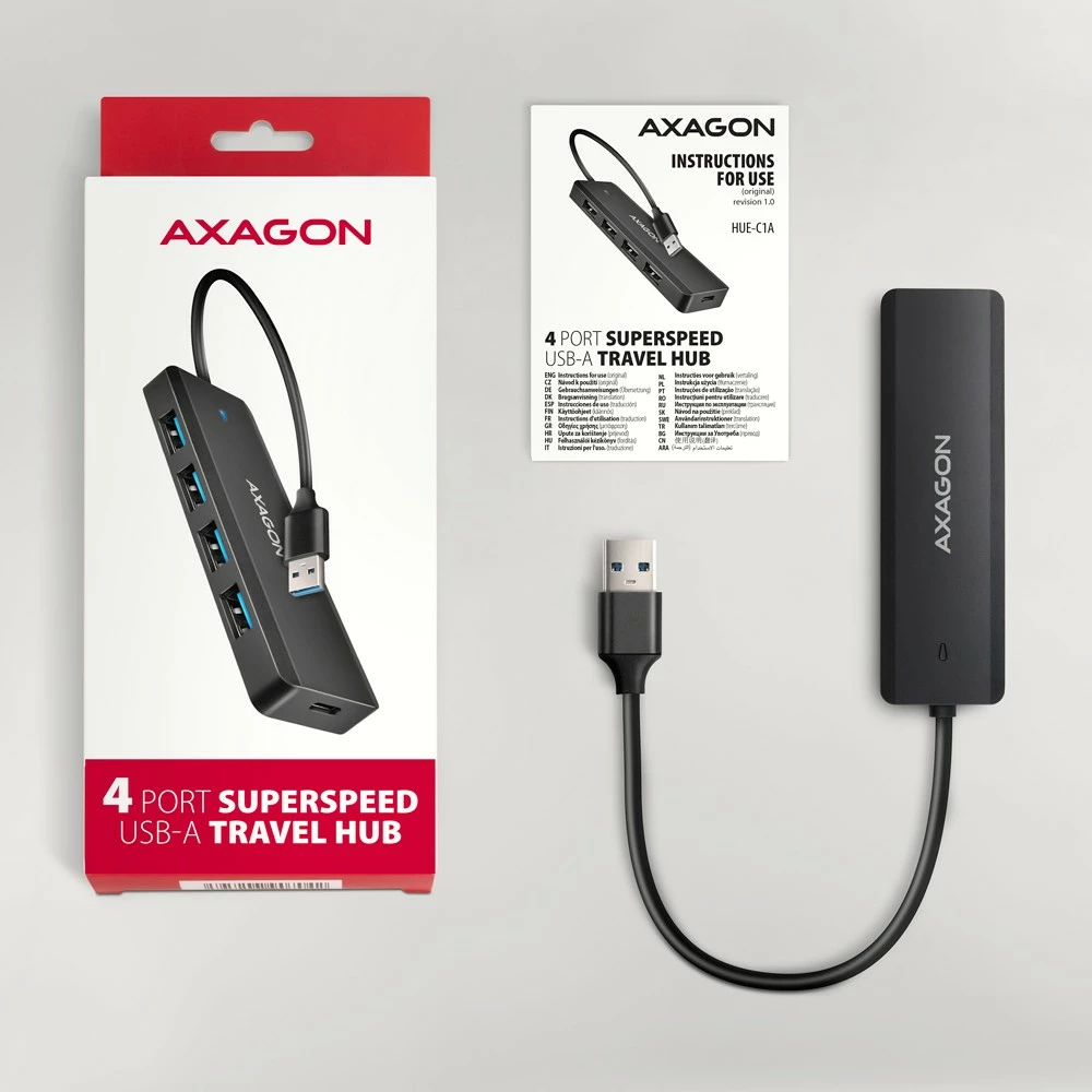 Razdelilec USB, AXAGON HUE-C1A, 4 vrata USB 5Gbps, USB-C napajanje, 19 cm kabel, črn