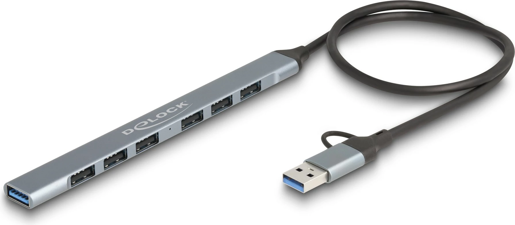 Tanek USB razdelilec 7 vrat, Type-C/Type-A, 5 Gbps, kovinski, siv — DeLOCK