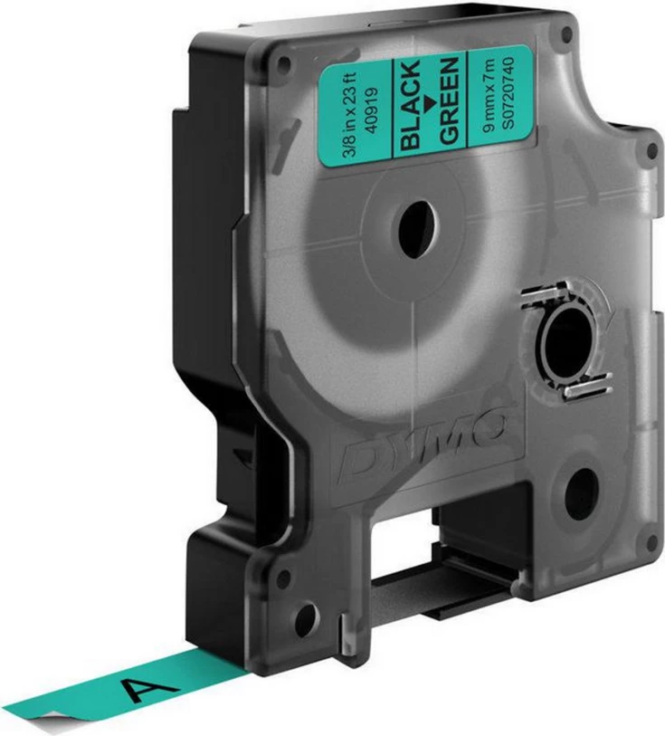 Trak za etikete 9 mm x 7 m, poliester, črno na zelenem — Dymo D1 S0720740
