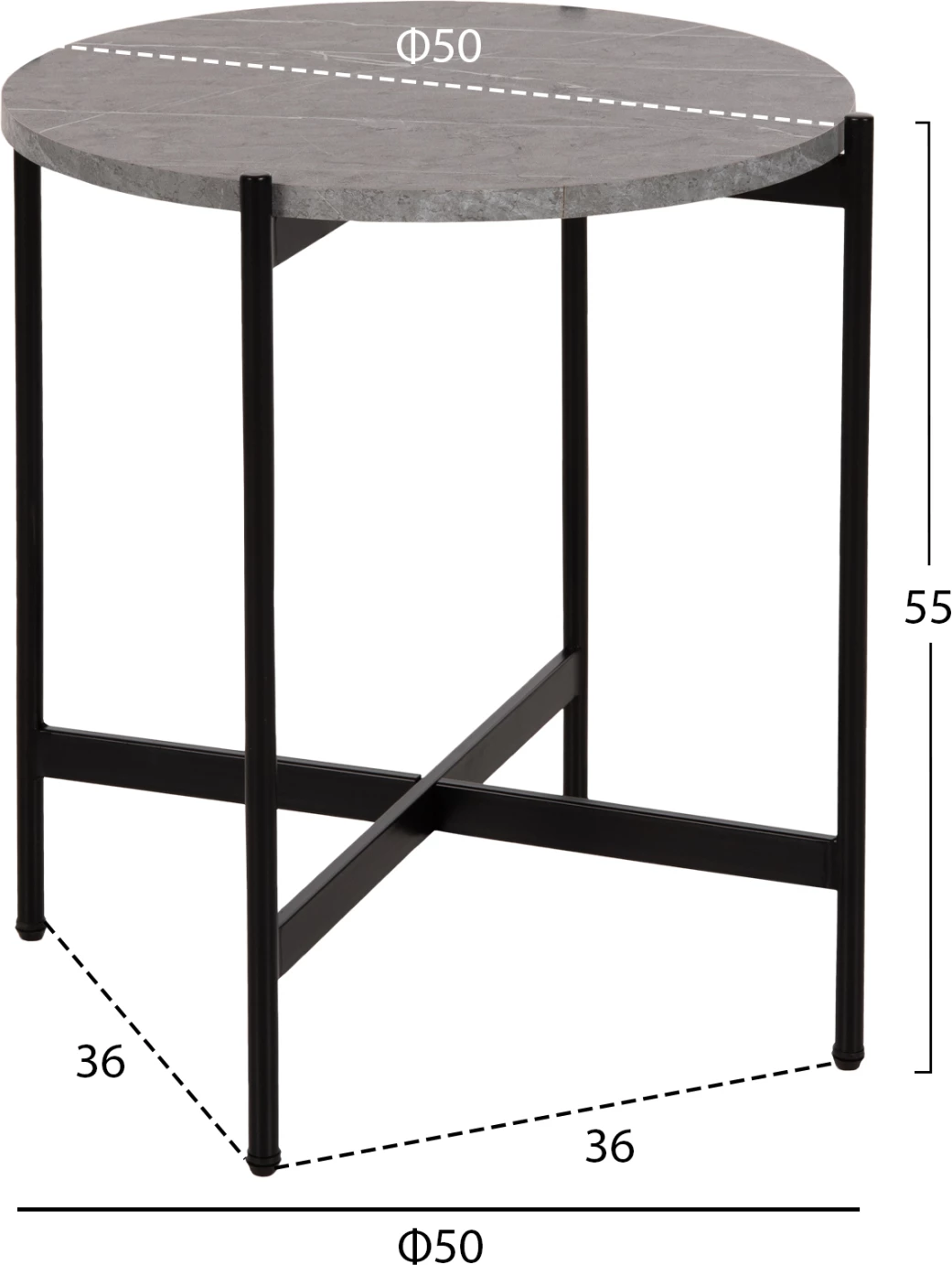 Stranska miza FH9589.02 iz MDF sivega marmorja s črno kovinsko osnovo Φ50x55Hcm