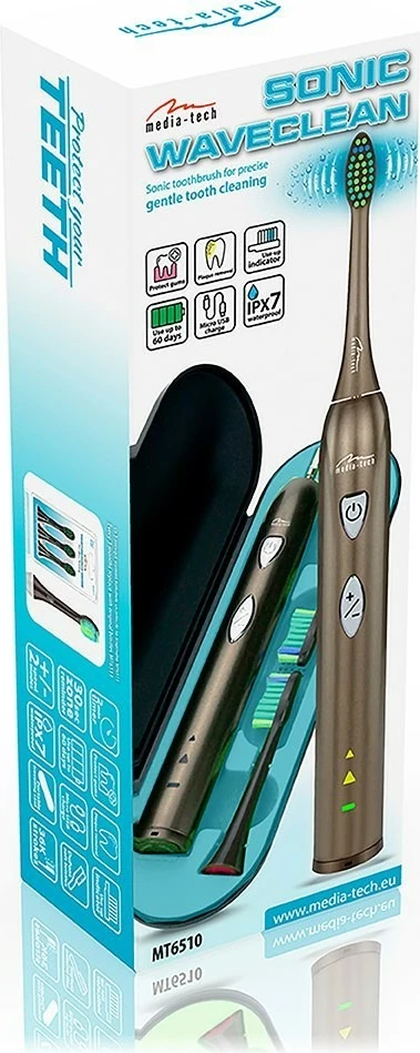 Sonična električna zobna ščetka Media-Tech MT6510, z vgrajeno baterijo, črna, komplet z 2 glavi in potovalno škatlico