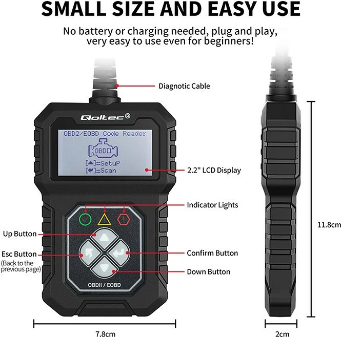 Diagnostični tester OBDII/EOBD, 8V-25V, črn Qoltec ProLine 50684