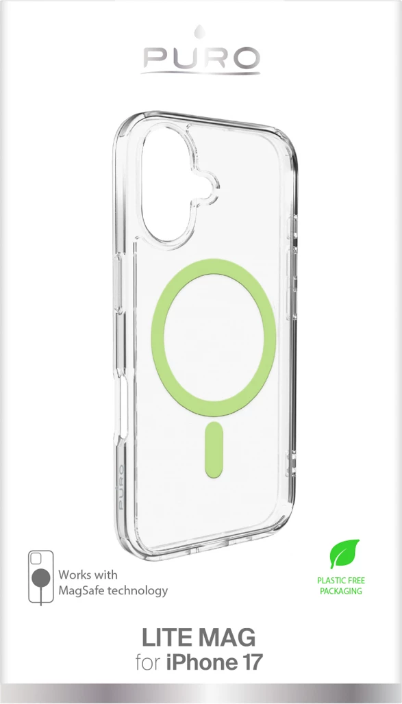 Zaščitni ovitek Puro Lite Mag za iPhone 17, združljiv z MagSafe, prozoren z zelenim obročem