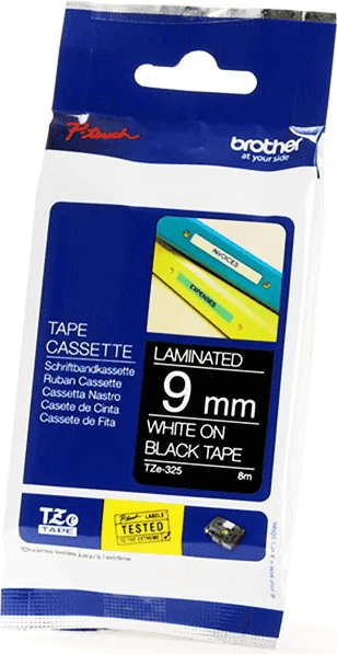 Laminiran trak za etikete Brother TZe-325, 9 mm, 8 m, belo na črnem