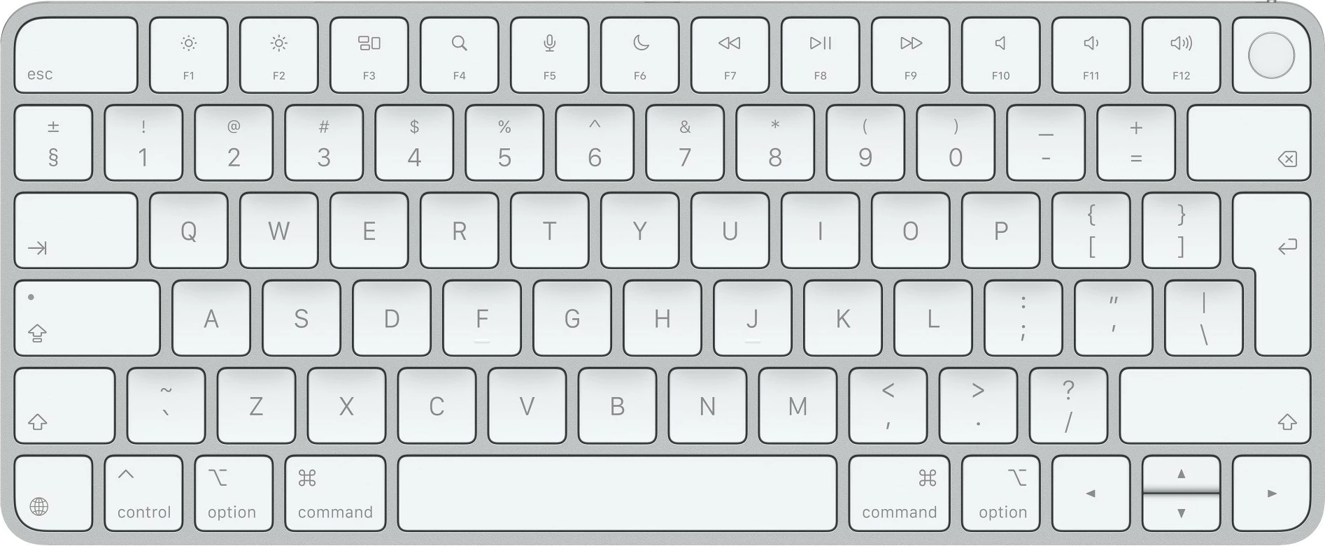 Brezžična tastatura z Touch ID Apple Magic, USB-C, brez numerične tipkovnice, srebrna in bela