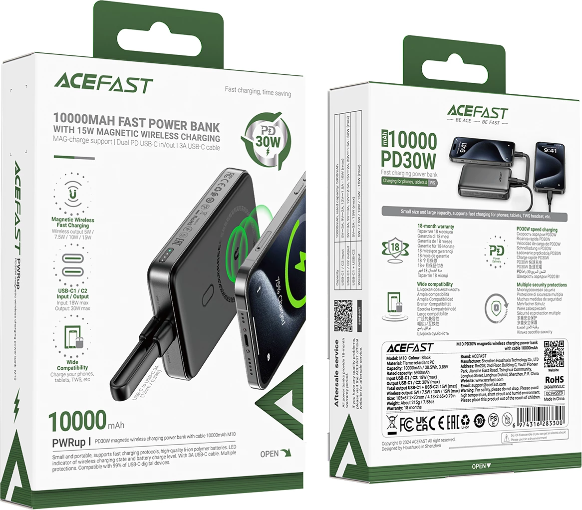 Powerbank Acefast M10, 10.000 mAh, 2x USB-C PD 30W, brezžično polnjenje 15W, s kablom, črn