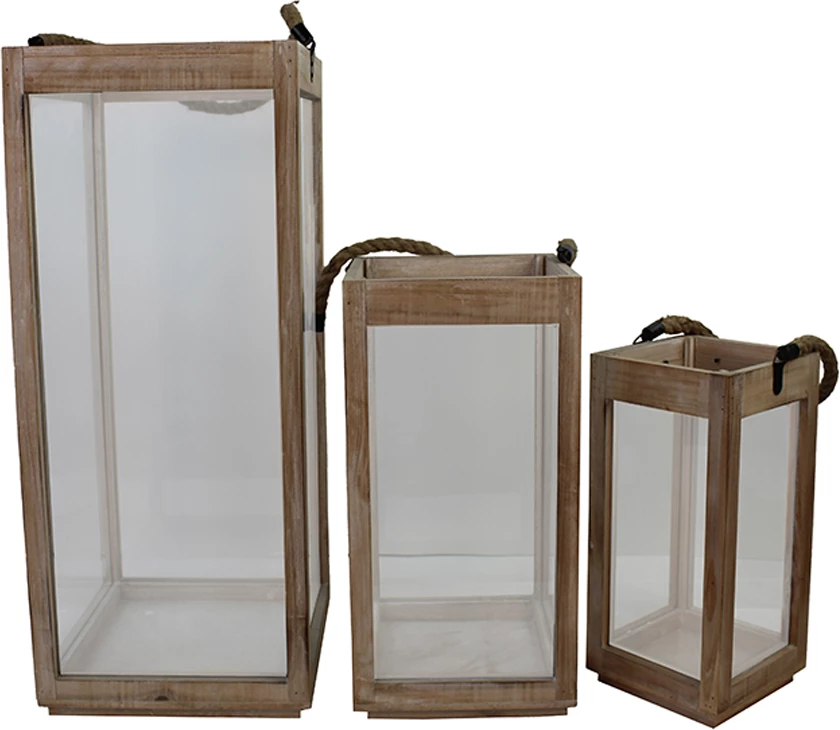 Dekorativni komplet lantern, 3 kosi, naravni les, steklo, 25x25x60 cm, GAMAR