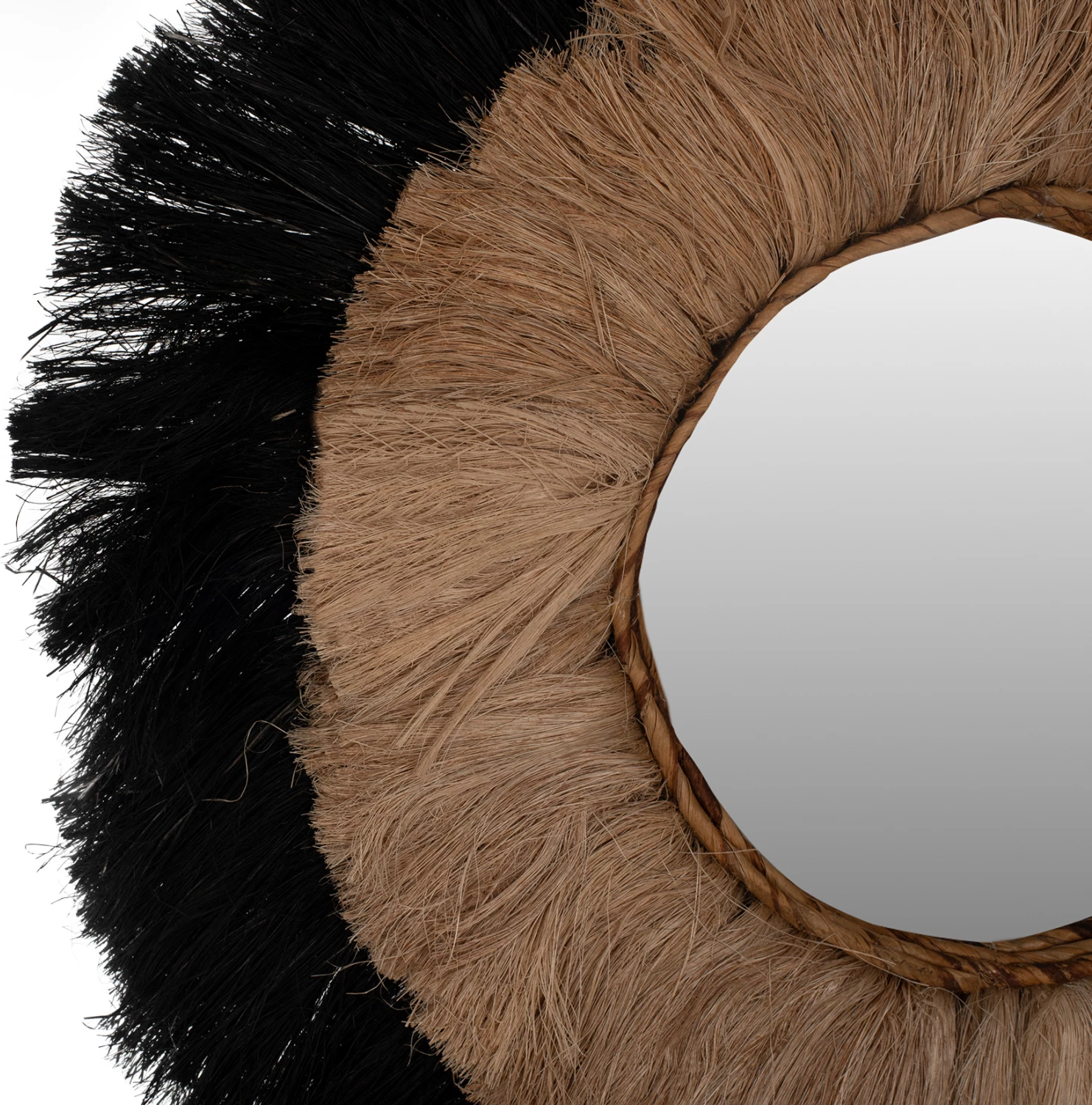 Okroglo ogledalo iz abaka vlaken v naravni in črni barvi 70x4x70Hcm.FH7737