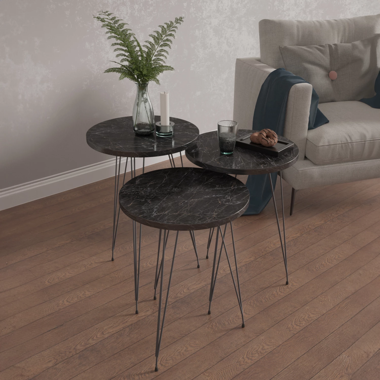 Set 3 okroglih stranskih miz NISSA FH18173.02 melamin v črnem marmorju-črne kovinske noge