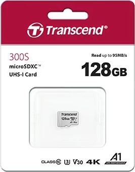 MicroSDXC kartica 128GB za shranjevanje Transcend 300S z adapterjem, Class 10, U3, V30, srebrna