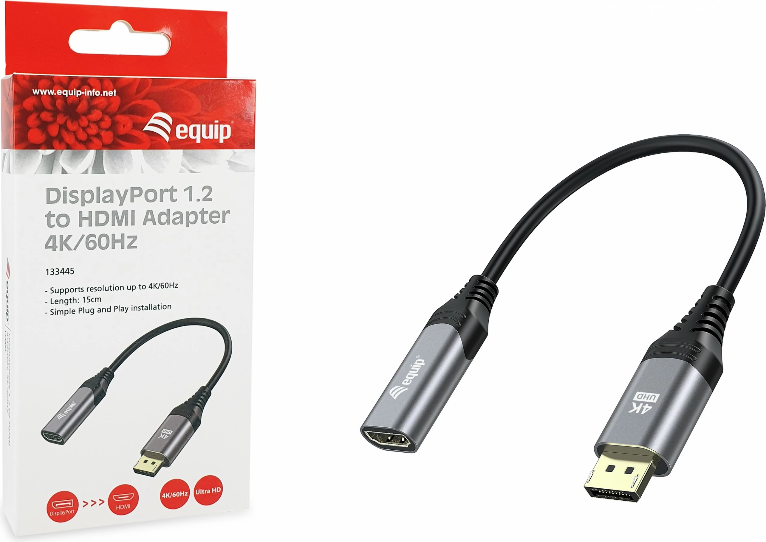 Adapter DisplayPort 1.2 v HDMI Equip, 4K/60Hz, 0,15 m, črn/siv