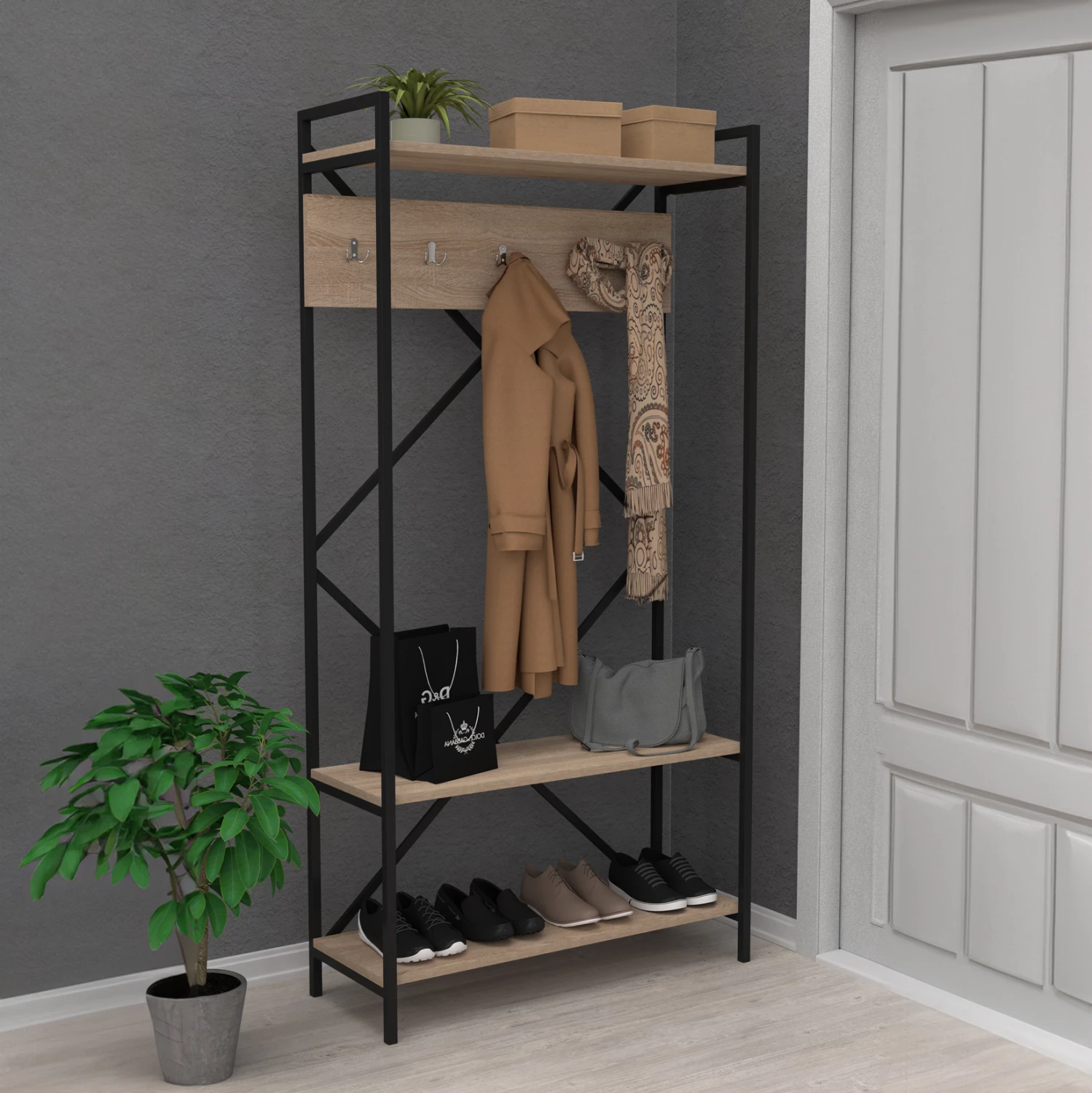 Pohištvo za vhod NAVIS FH18188 melamin v sonoma-črni kovinski okvir 90x34x180Hcm