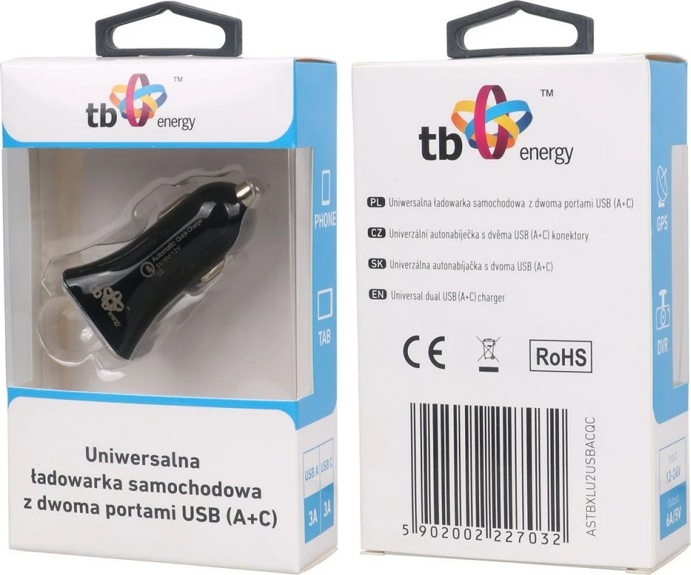 Avtomobilski polnilec, TB ASTBXLU2USBACQC, 2 USB vhoda (USB-C + USB 3.0), črn