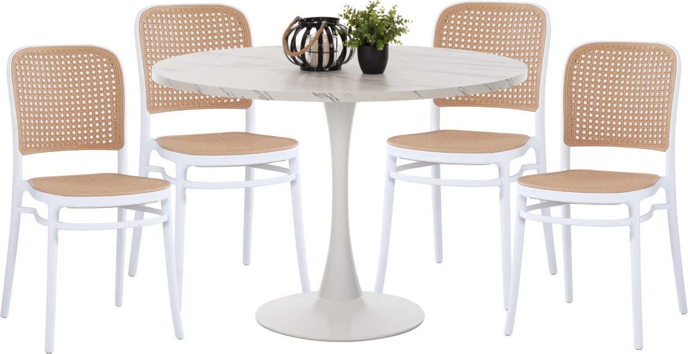 Jedilni komplet 5 kosov FH11911 okrogla miza in polipropilenski stoli v beli barvi