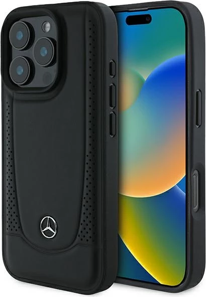 Ovitek za telefon iz usnja, črn — Mercedes za iPhone 16 Pro Max