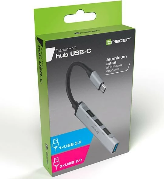 USB razdelilec Tracer H40, 4 vhodi, USB-C, srebrn