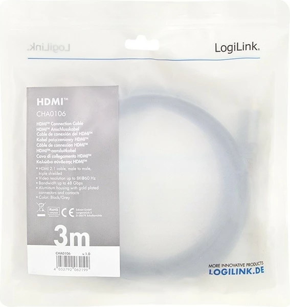 HDMI kabel 2.1, 8K/60Hz, aluminij, 3 m, LogiLink CHA0106, črno/siv
