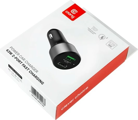Avtomobilski polnilec CRONG CRG-PWRC-USBC63-BLK, 63W, 1x USB-C PD 45W + 1x USB-A QC 3.0 18W, črn