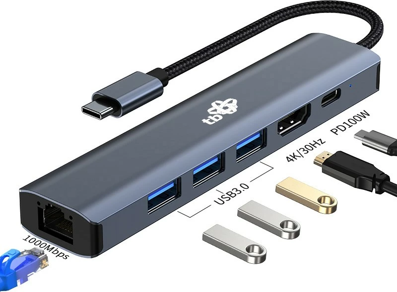 Adapter USB-C 6 v 1 TB, HDMI, 3x USB 3.0, PD, RJ-45, grafit