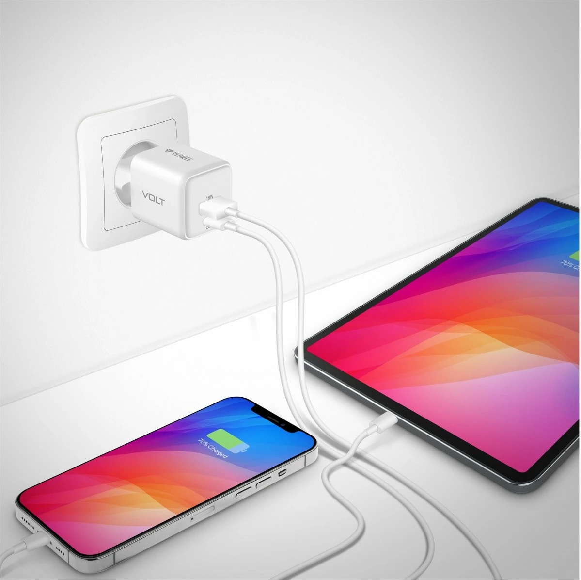 Stenski polnilec, 20 W, 2 USB vrata (USB-A + USB-C), bel, Yenkee YAC G38 VOLT