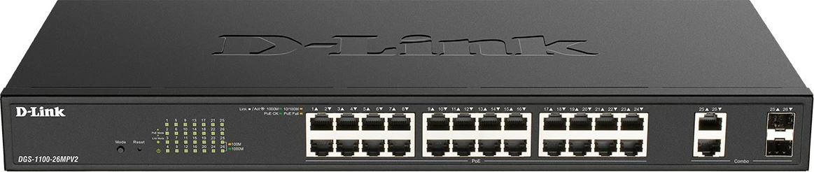 Upravljan stikalo D-Link DGS-1100-26MPV2/E, L2, Gigabit Ethernet, PoE, za montažo v rack