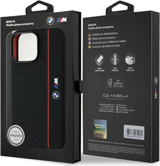 Silikonski ovitek za iPhone 16 Pro Max, šestkotni z rdečo črto, združljiv z MagSafe — BMW, črn
