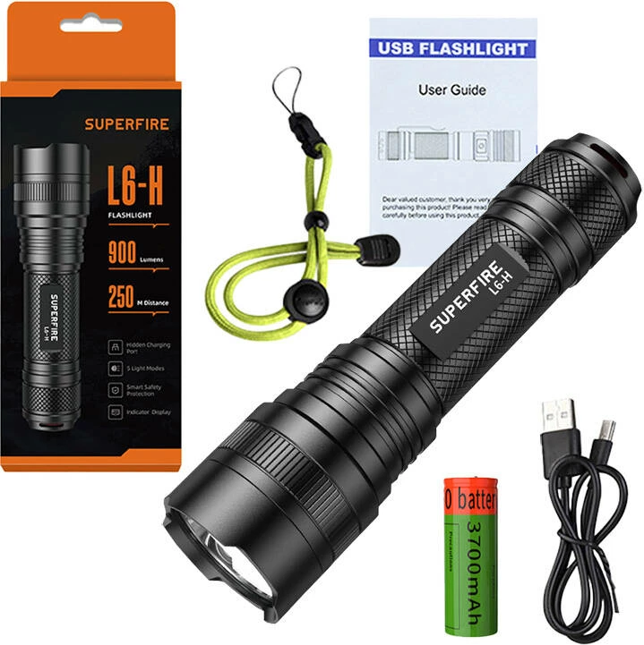 Ročna svetilka Superfire L6-H, 750 lm, USB-C, črna