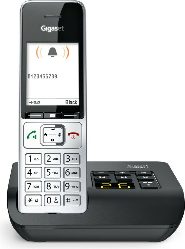 Fiksni telefon Gigaset COMFORT 500A, analogni/DECT, z avtomatskim snemalnikom, barvni zaslon, 200 stikov, črn/srebrn