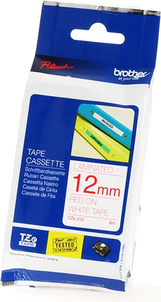 Laminiran etiketni trak Brother TZE-232, 12 mm, 8 m, rdeče na belem