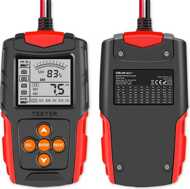 Digitalni tester baterij Qoltec 52484, LCD, 12V/24V, 3Ah–200Ah, črno/rdeč