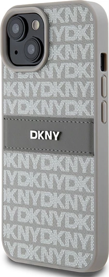 Ovitek za telefon Mono Stripe z metalnim logotipom DKNY za iPhone 15 Plus / 14 Plus, bež