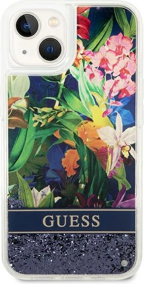 Ovitek z vzorcem cvetja in tekočim bleščicami Guess za iPhone 14 Plus 6,7", modra