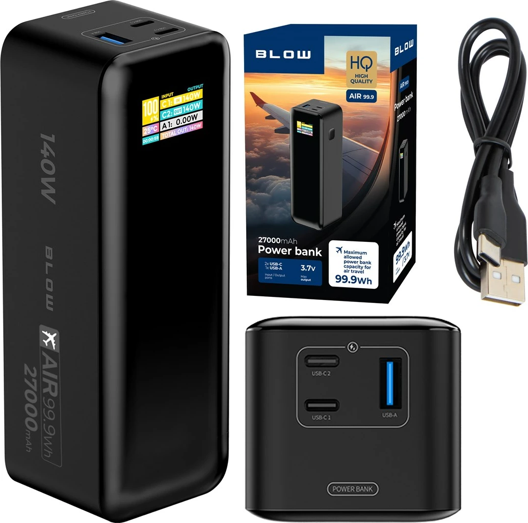 Powerbank BLOW AIR99.9, 27000mAh, 140W, LCD, črn