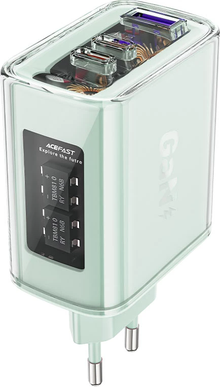 Hitri polnilec 65W, 3 vhodi (1x USB-A, 2x USB-C), GaN, zelen — Acefast A45