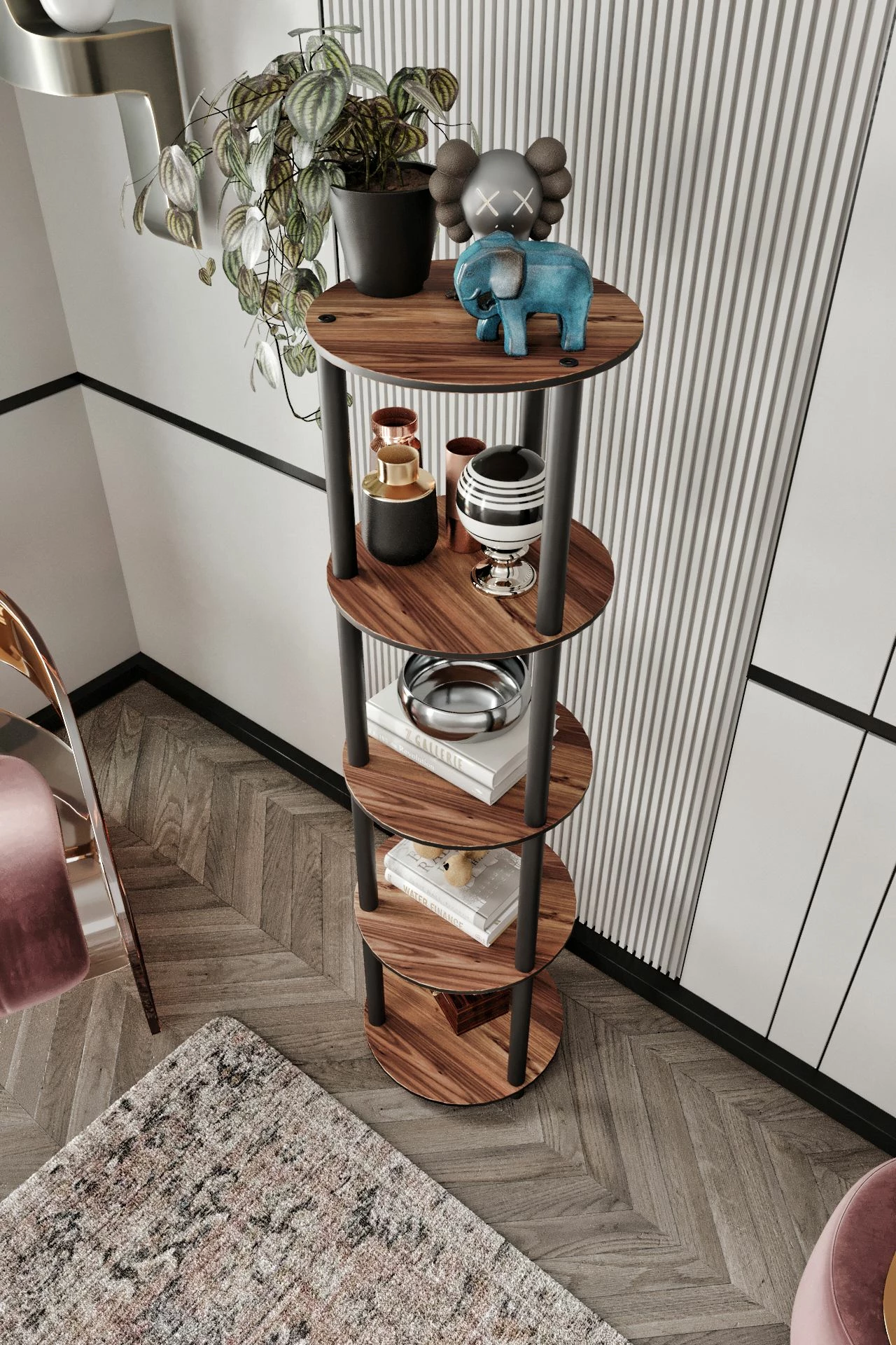 Polica za knjige, 5-nivojska okrogla, barva oreha, Skye Decor