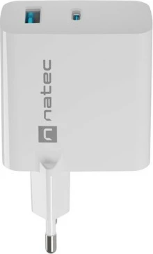Stenski polnilec GaN, Natec Ribera, 45W, 1x USB-A + 1x USB-C, bel