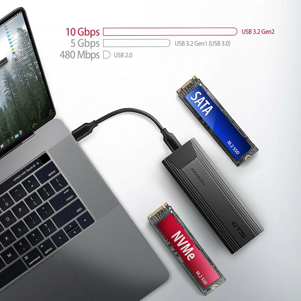Zunanje računalniško ohišje za SSD M.2 NVMe in SATA, USB-C 3.2 Gen 2, črno - AXAGON EEM2-GTS2