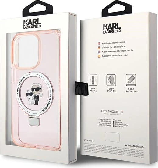 Ovitek za telefon za iPhone 15 Pro Max 6,7", z nosilcem-obročem, MagSafe, rožnat — Karl Lagerfeld KLHMP15XHMRSKCP